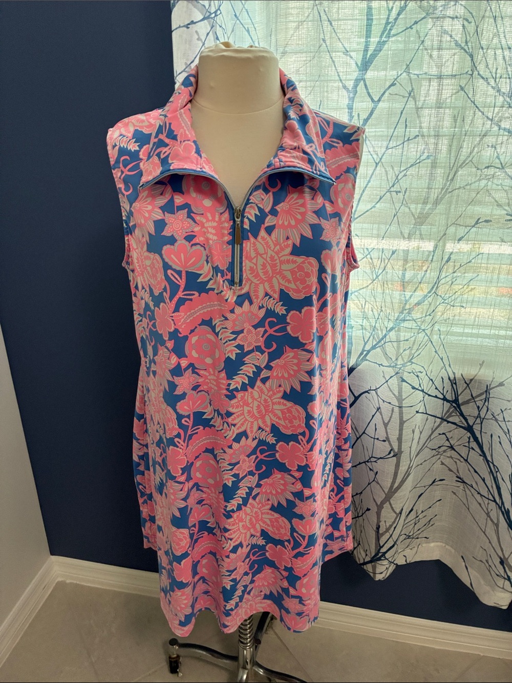 Anthony’s Sleeveless Pink Floral Zip-Neck Dress - Blue Background